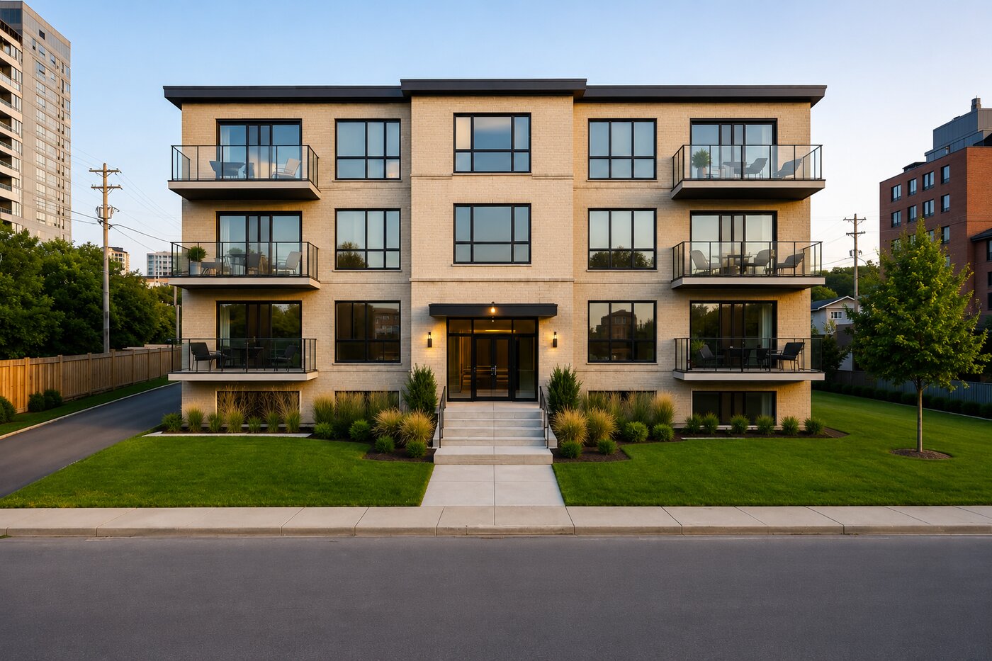 Street view rendering of Enoa Oasis MSH, a modern beige-brick residential building