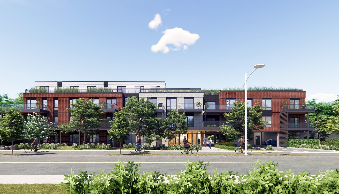 Architectural rendering of Enoa Sainte-Catherine, a red-brick residential building with rooftop terraces