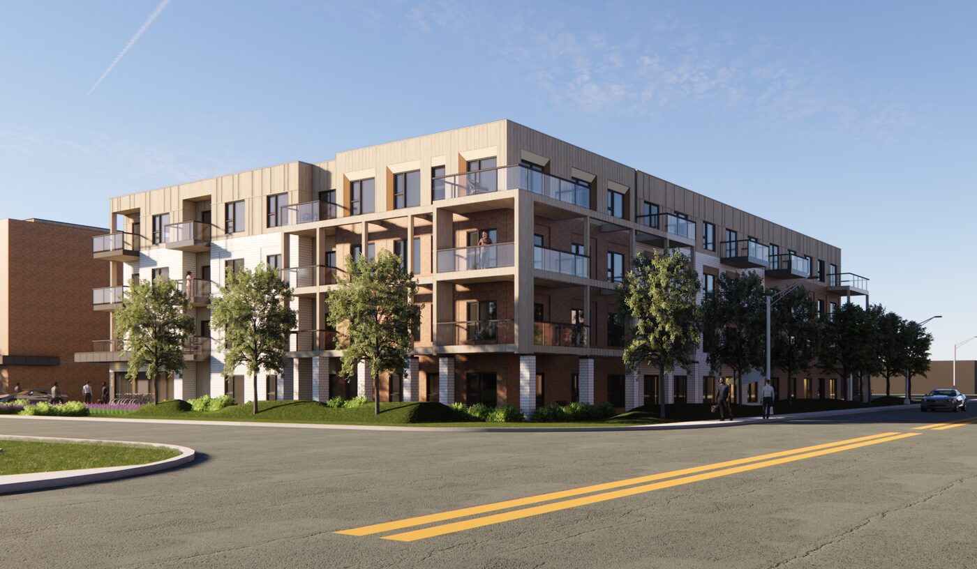 Architectural rendering of Enoa Saint-Constant, a mid-rise residential building at the corner of Rue Saint-Pierre and Rue Lachapelle