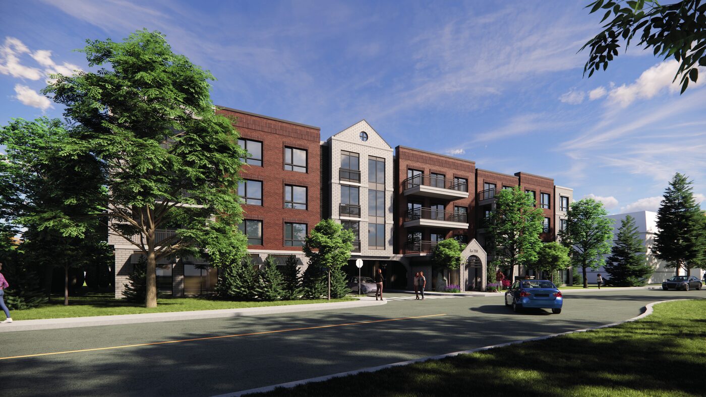 Architectural rendering of Le Gregory, a brick and stone residential building in Saint-Basile-le-Grand